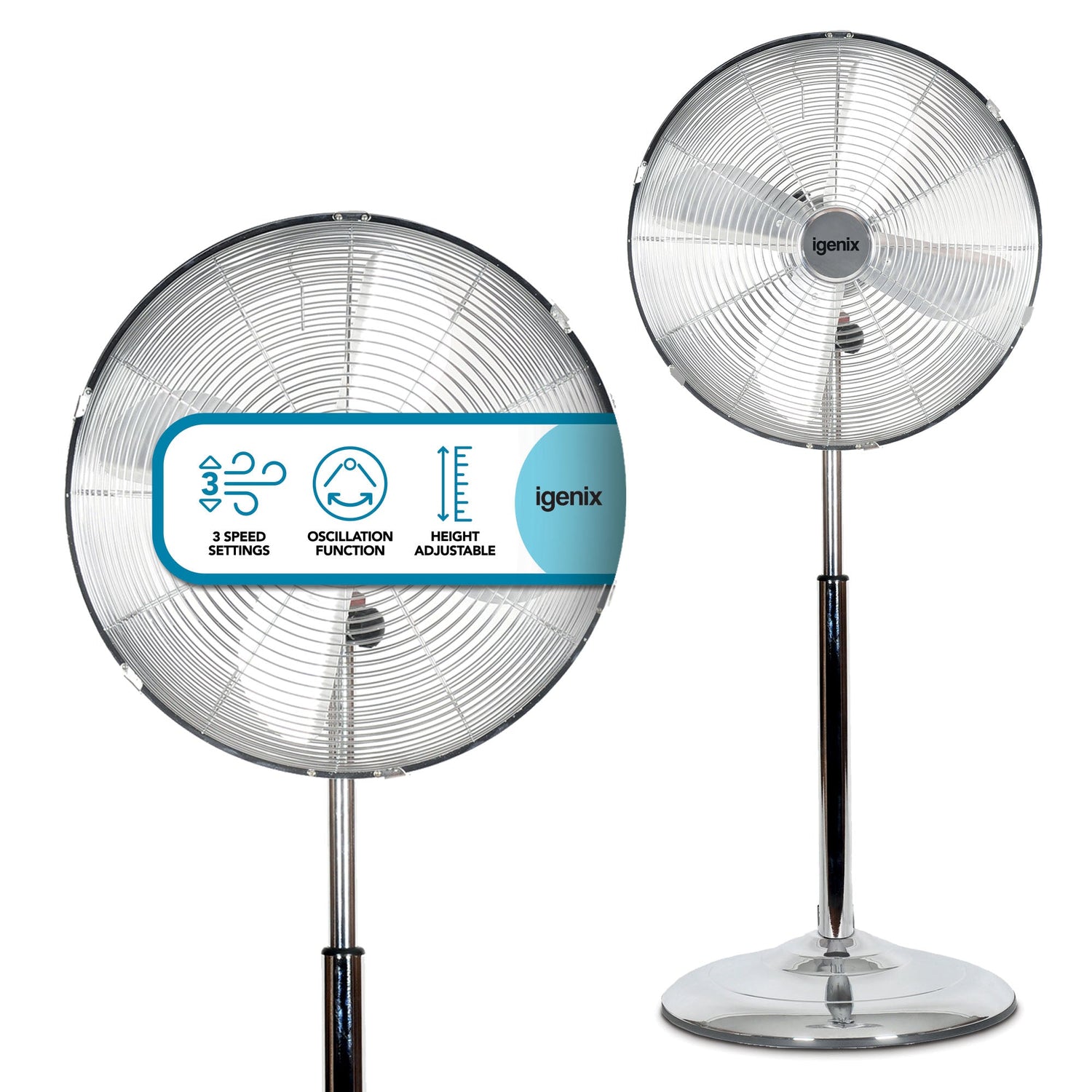 16 Inch Pedestal Fan, 3 Speeds, Chrome