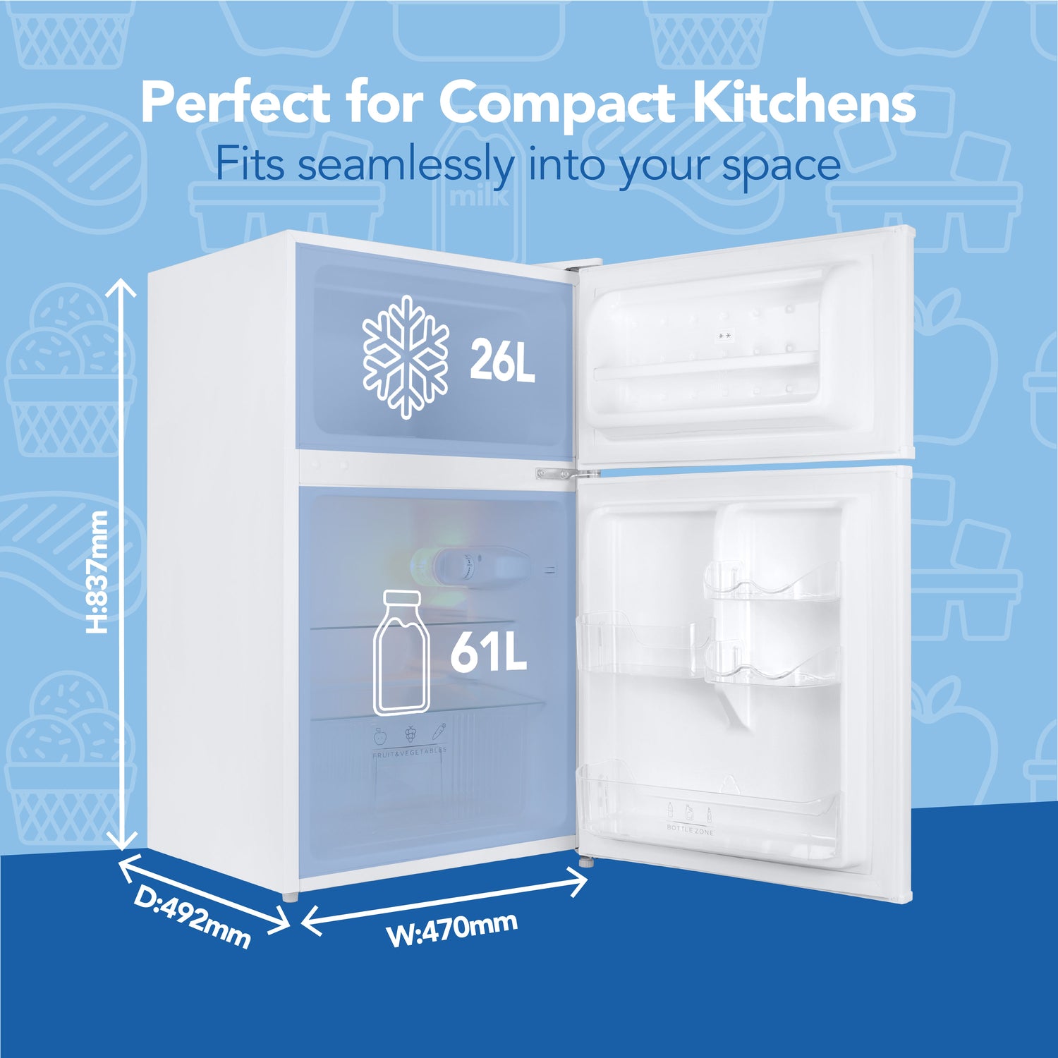 Under Counter Fridge Freezer, 87 Litre, White