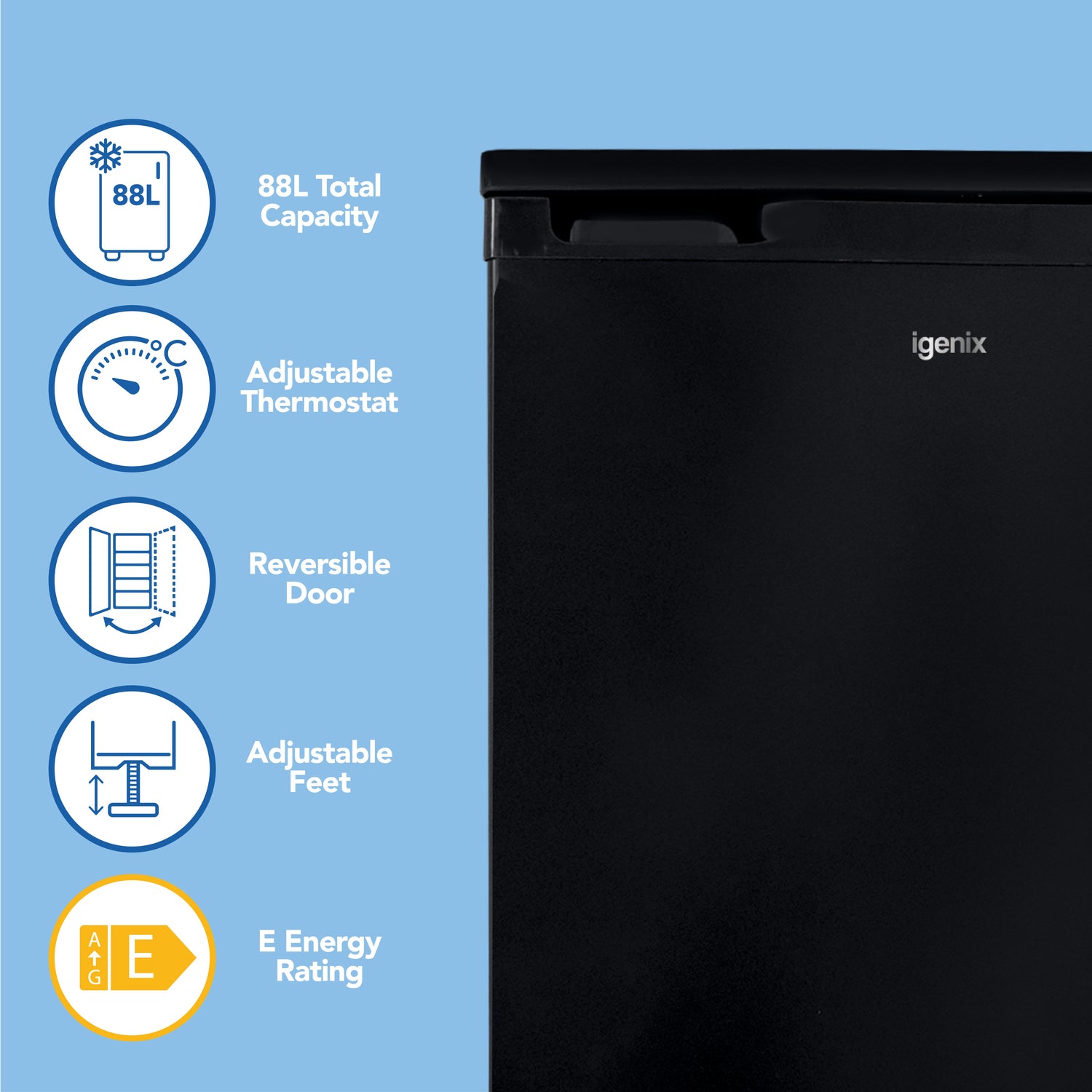 Under Counter Freezer, 88 Litre, Reversible Doors, Black