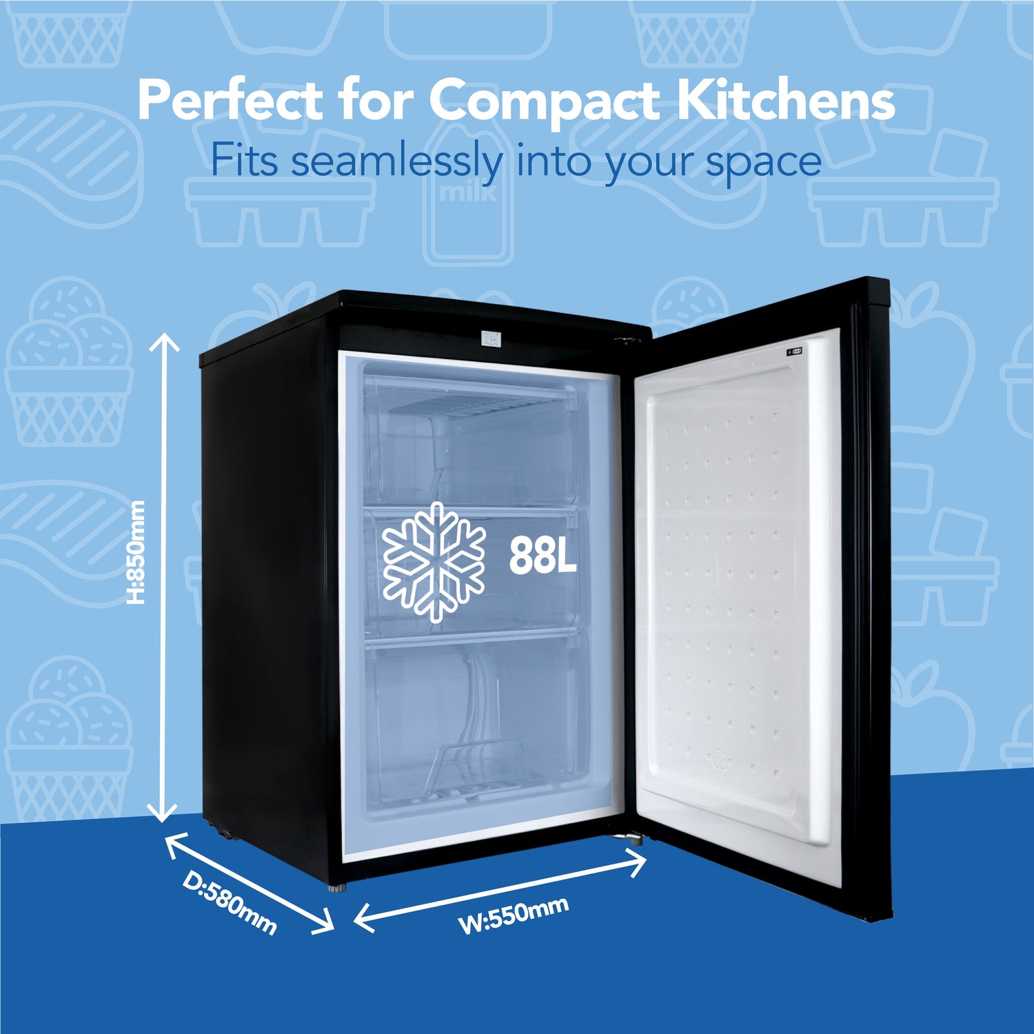 Under Counter Freezer, 88 Litre, Reversible Doors, Black