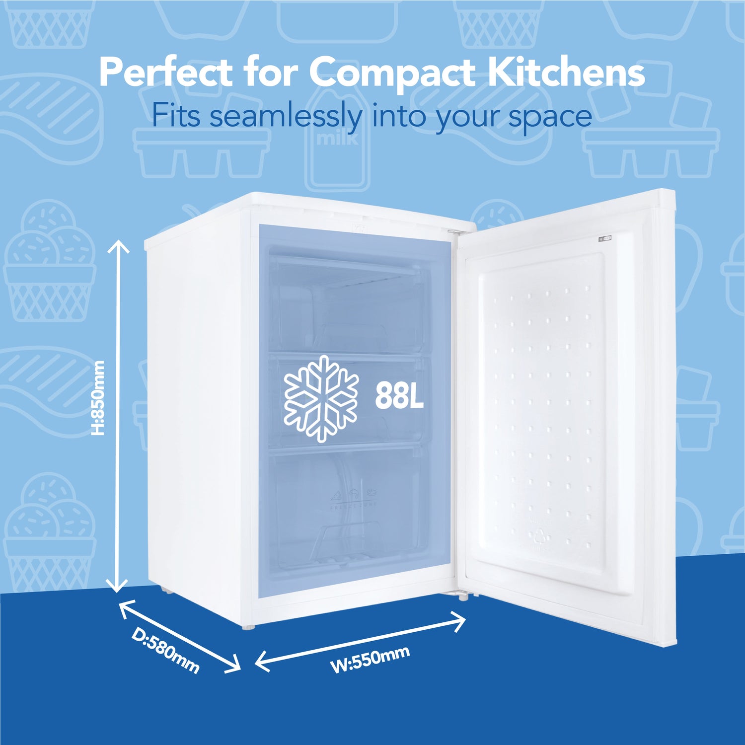 Under Counter Freezer, 88 Litre, Reversible Doors, White