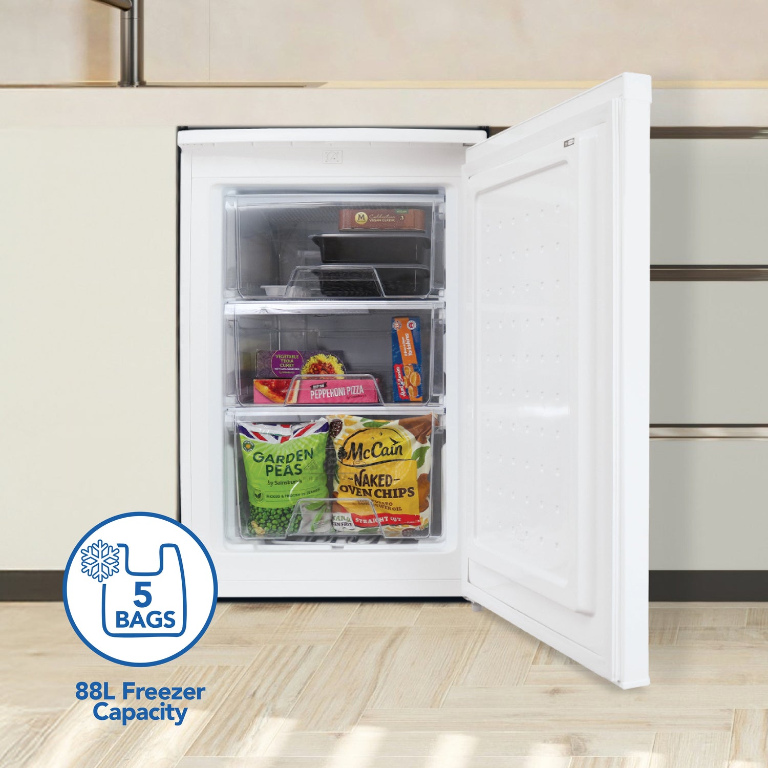 Under Counter Freezer, 88 Litre, Reversible Doors, White