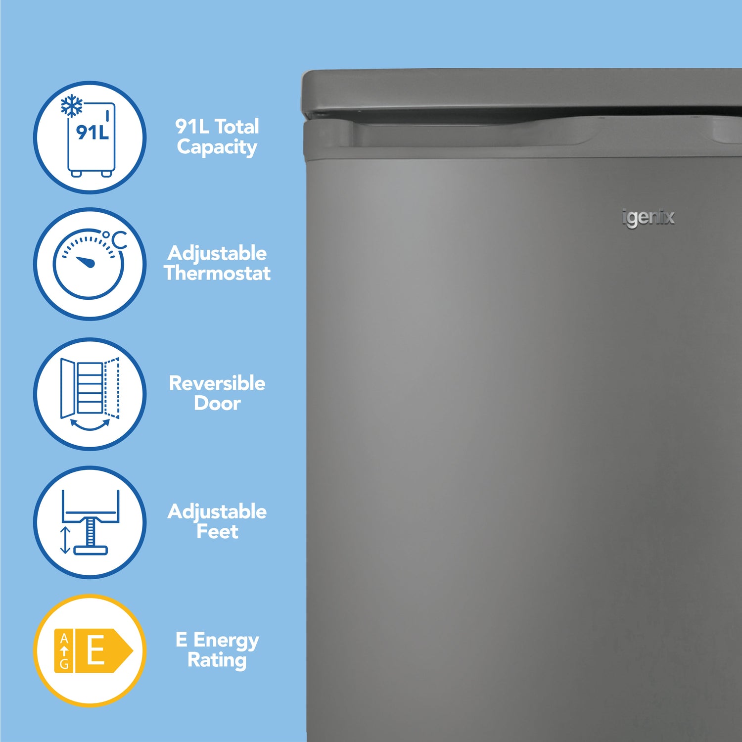 Under Counter Freezer, 91 Litre, Reversible Doors, Silver