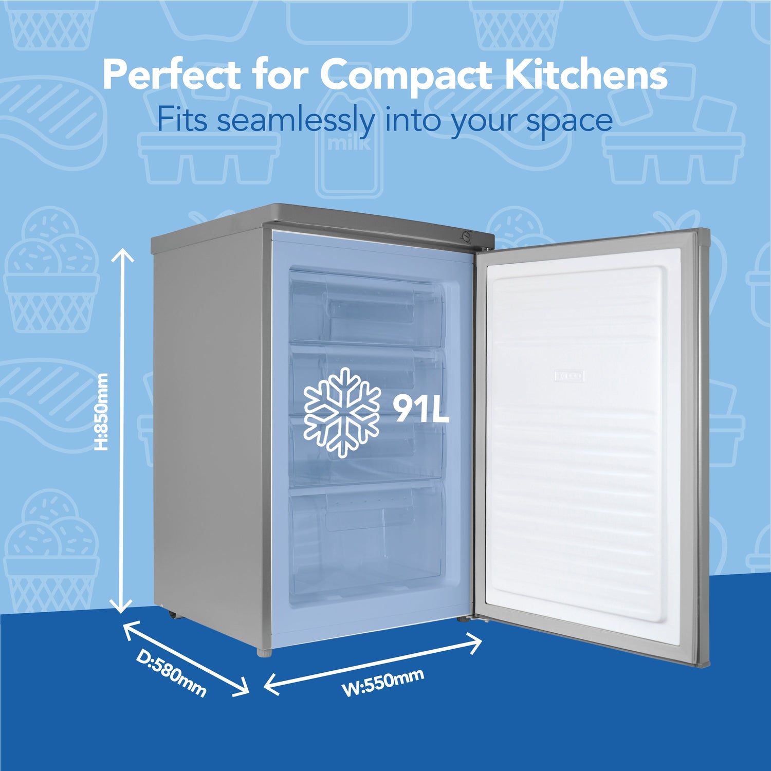 Under Counter Freezer, 91 Litre, Reversible Doors, Silver