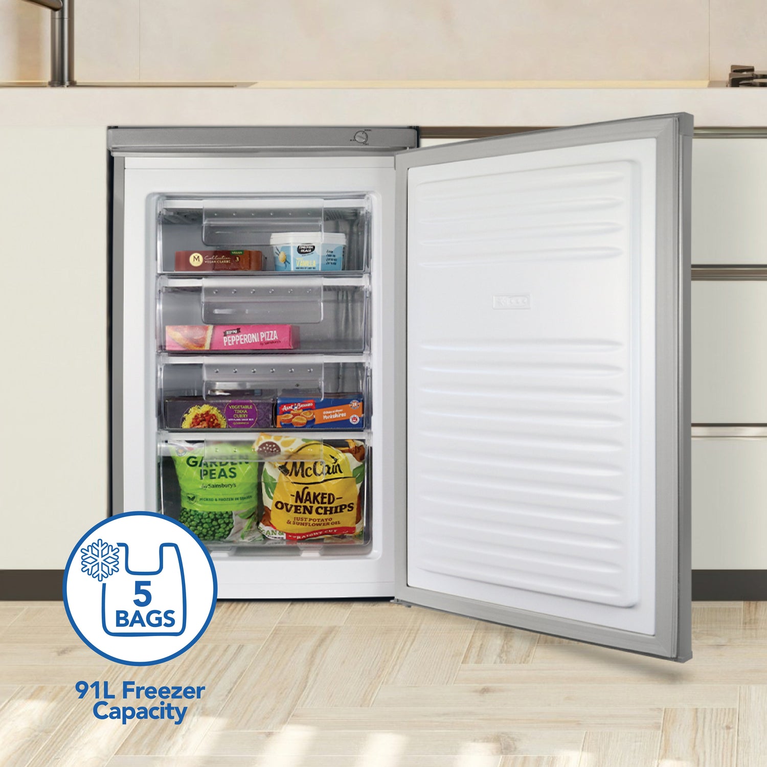 Under Counter Freezer, 91 Litre, Reversible Doors, Silver