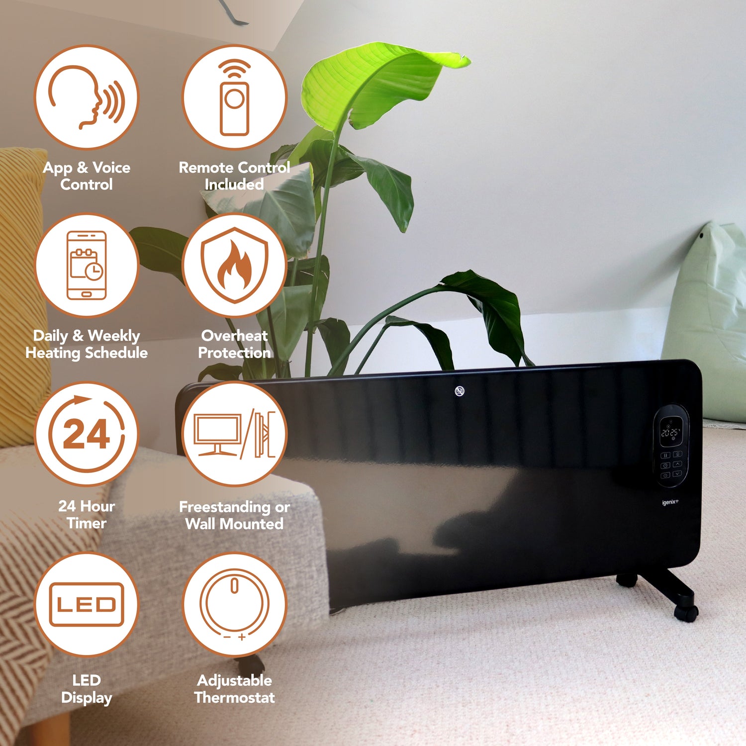 Smart Electric Panel Heater, 2000W, Black