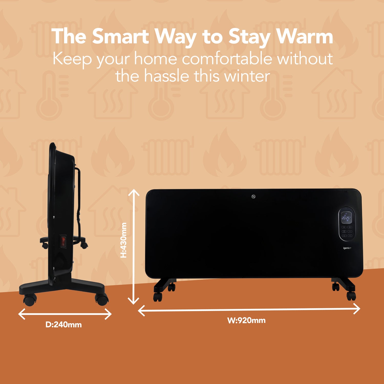 Smart Electric Panel Heater, 2000W, Black