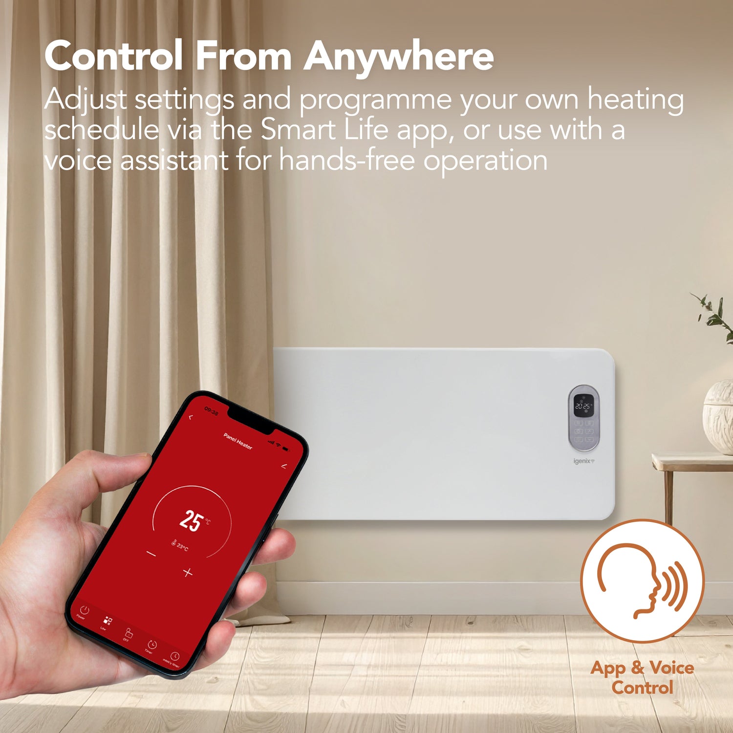Smart Electric Panel Heater, 2000W, White