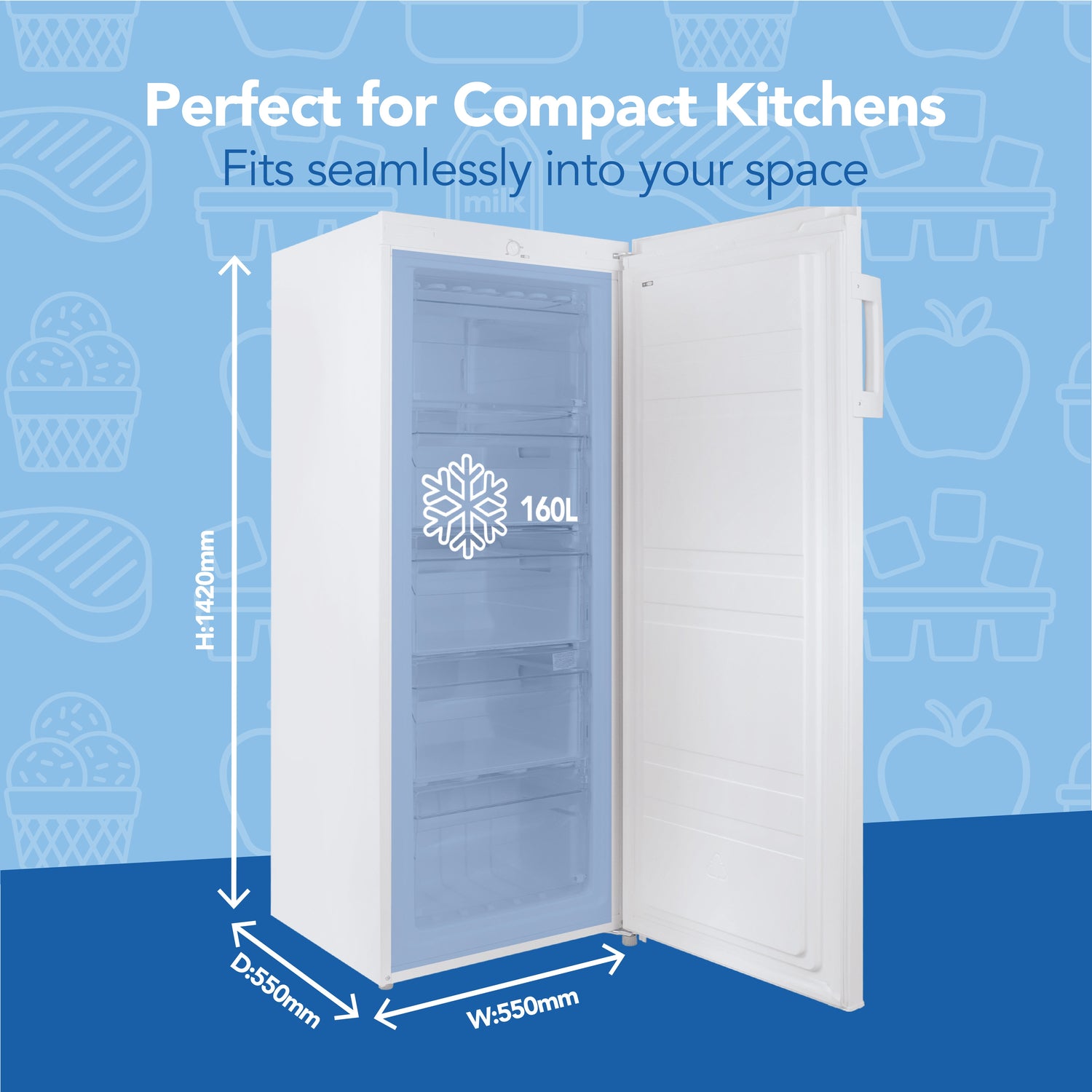 Freestanding Tall Freezer, 55cm Wide, 160 Litre