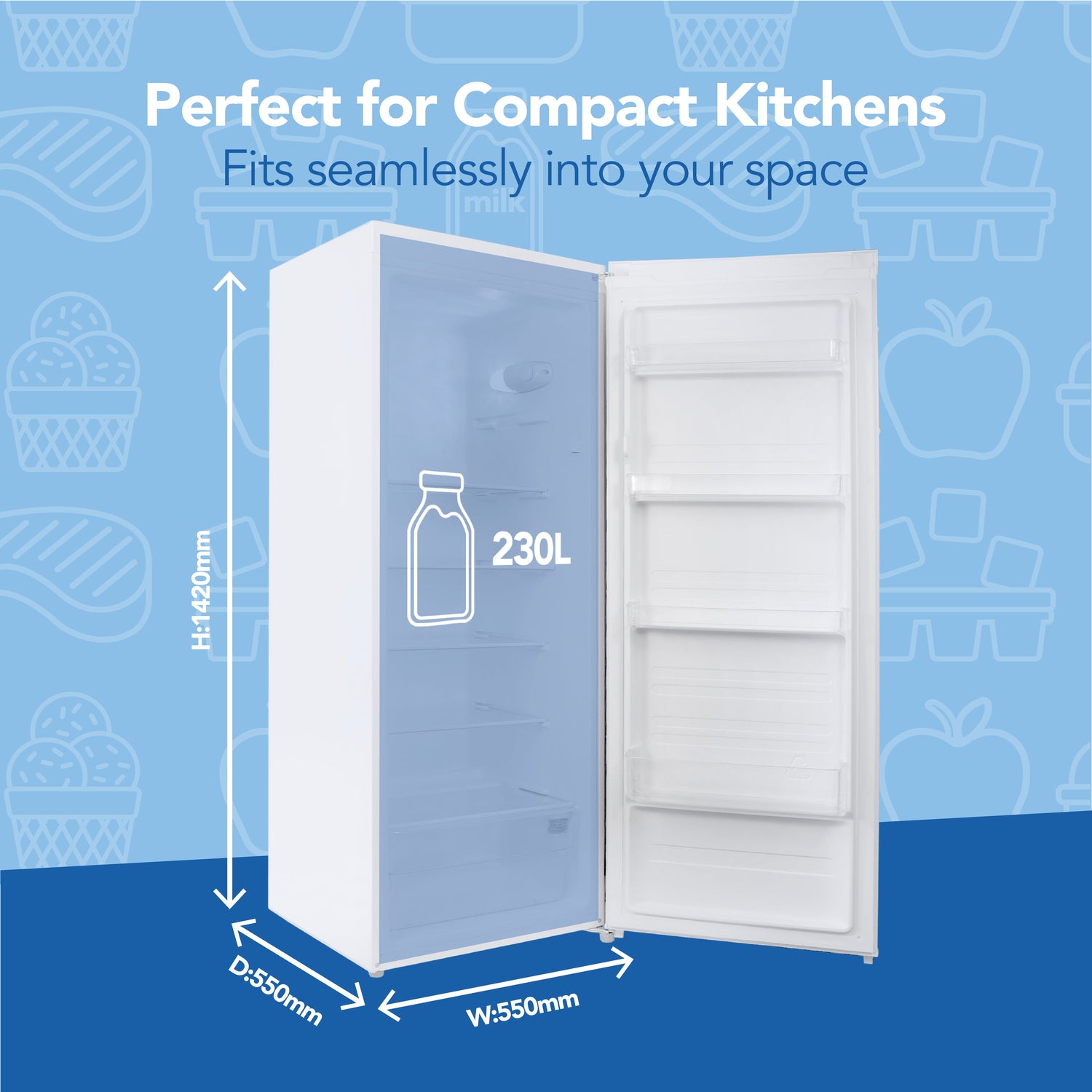 Freestanding Tall Larder Fridge, 55cm Wide, 230 Litre