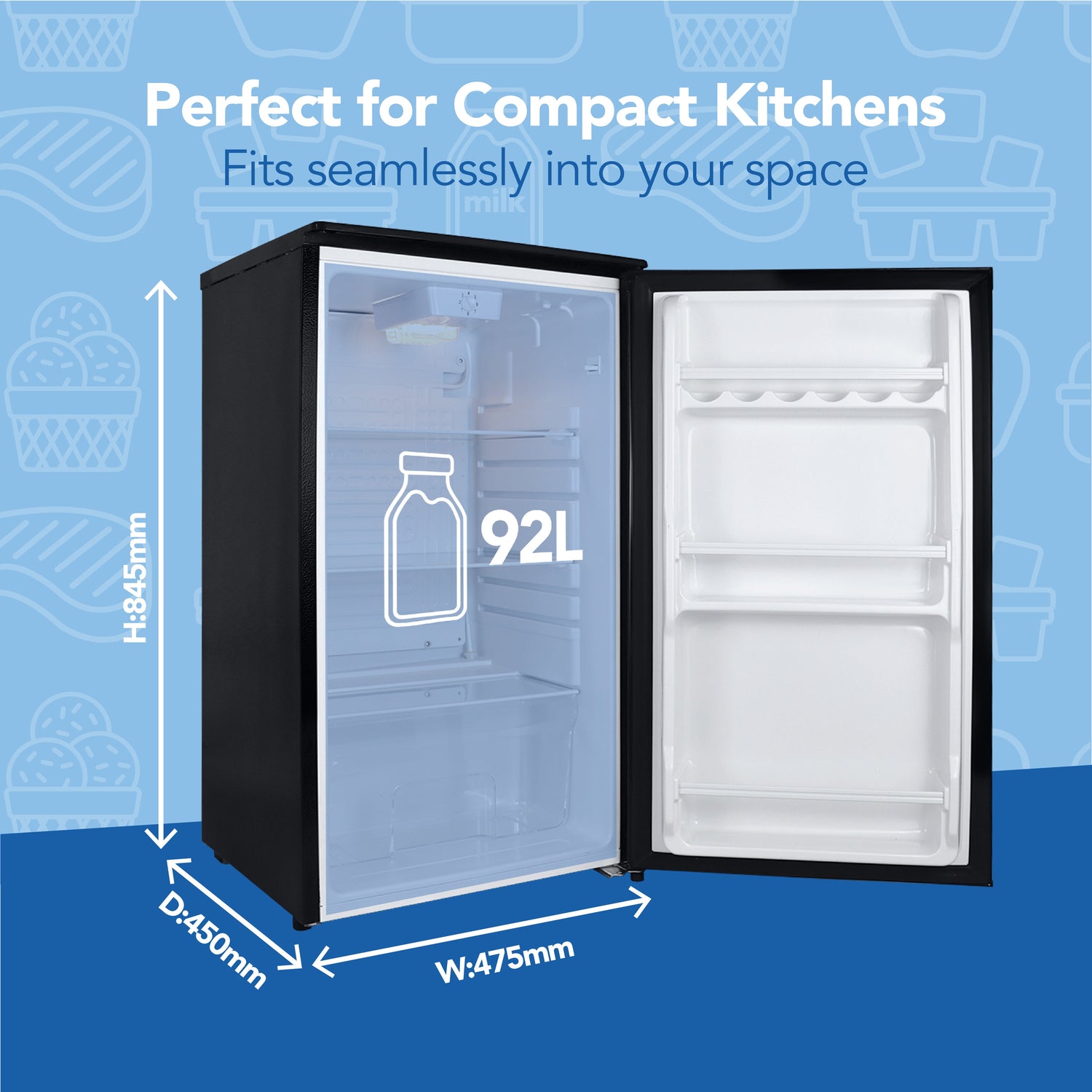 Under Counter Larder Fridge, 92 Litre, Reversible Door, Black