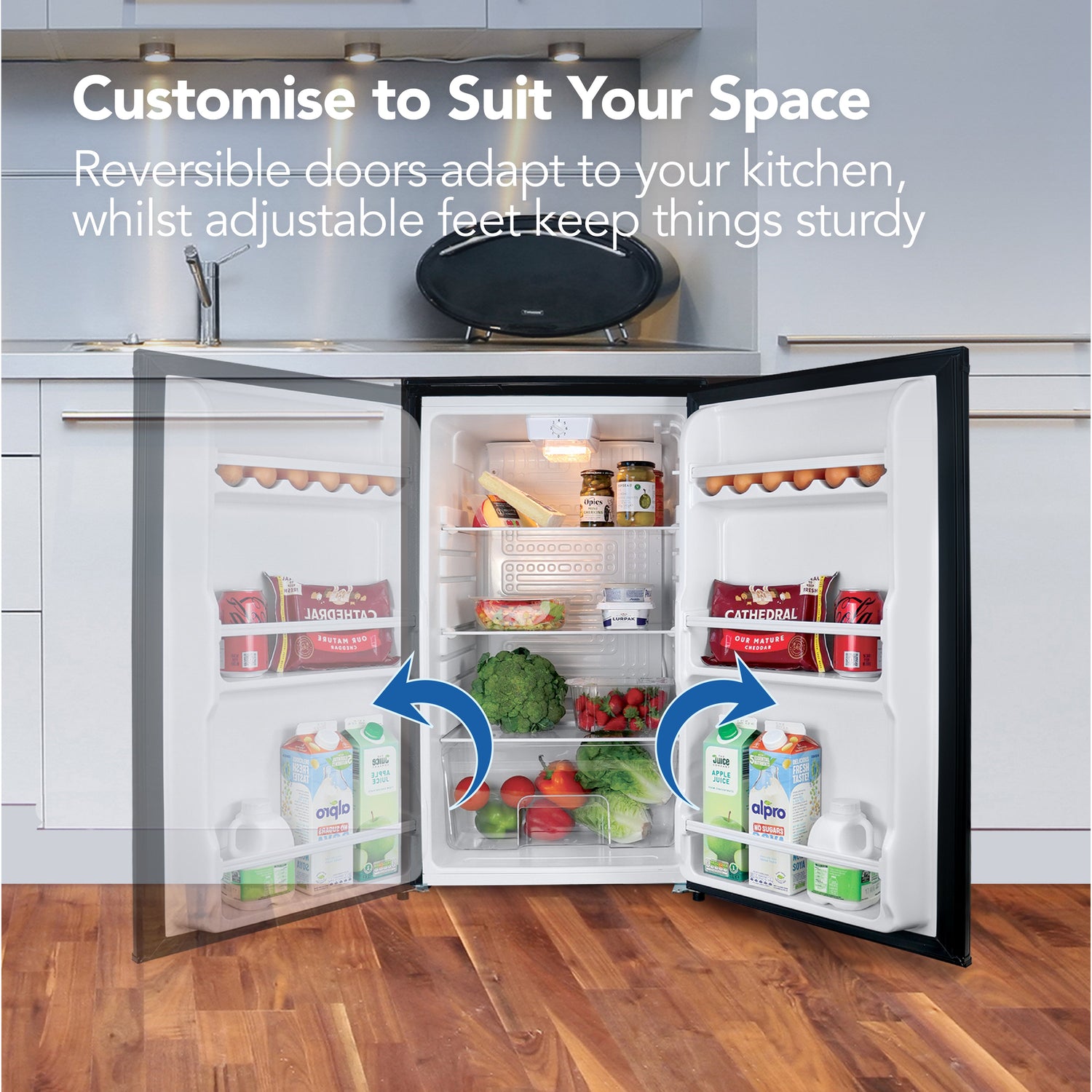Under Counter Larder Fridge, 92 Litre, Reversible Door, Black