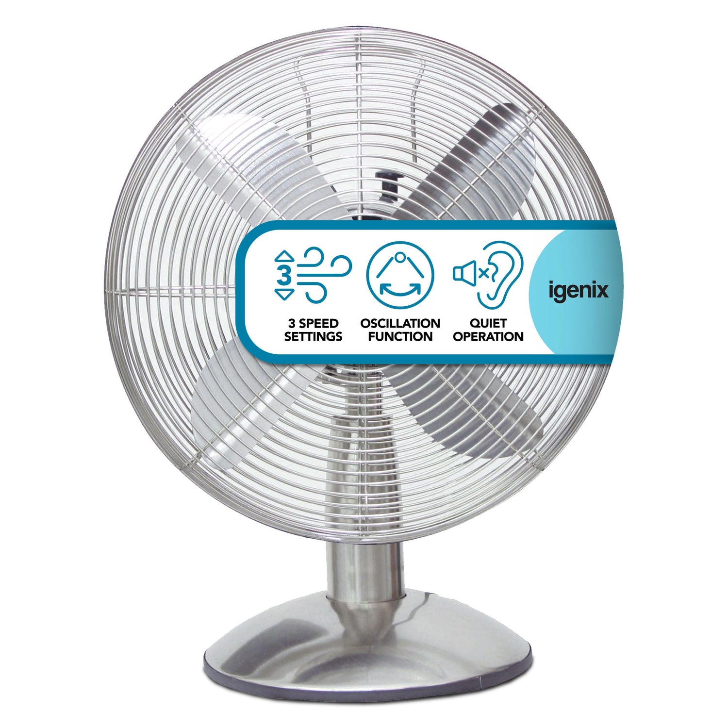 12 Inch Desk Fan, 3 Speeds, Chrome
