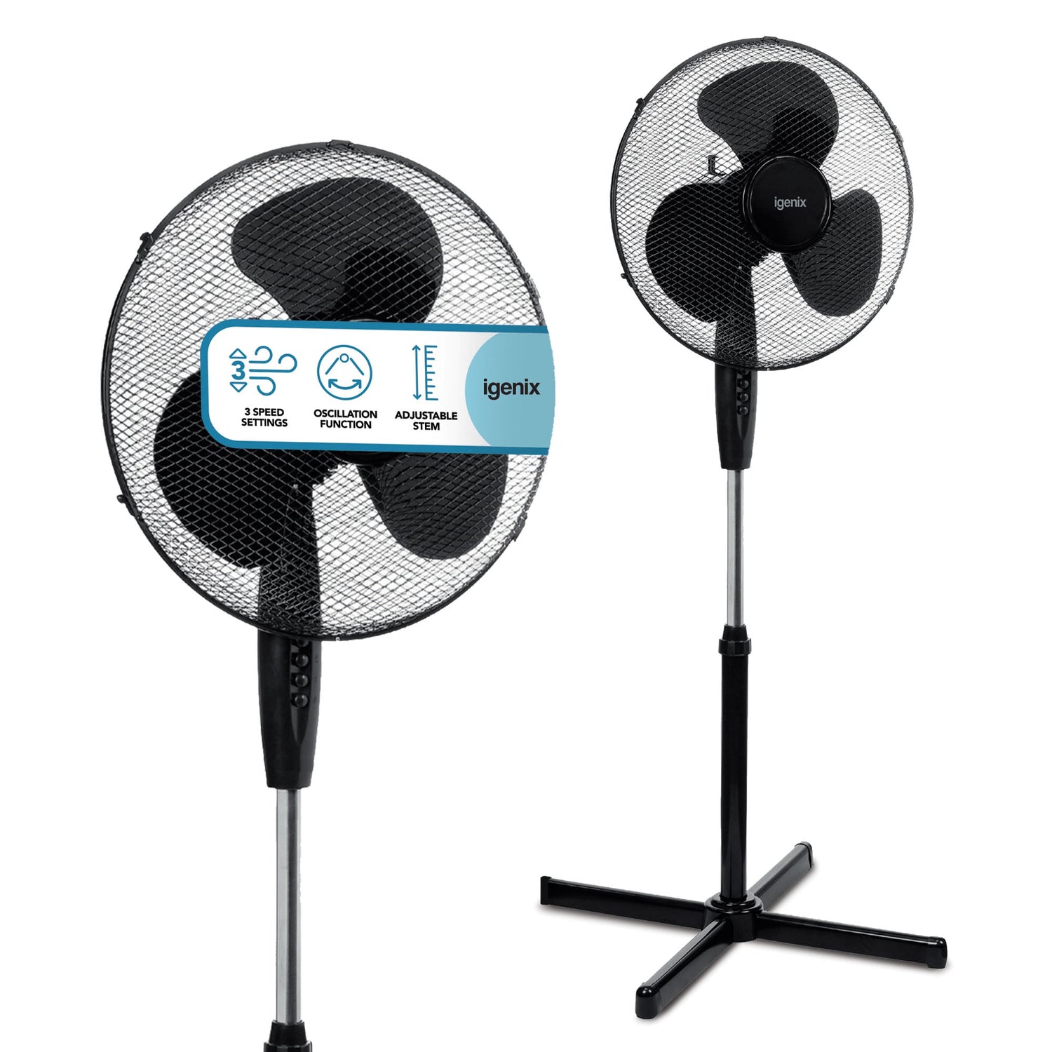 16 Inch Pedestal Fan, 3 Speeds, Black