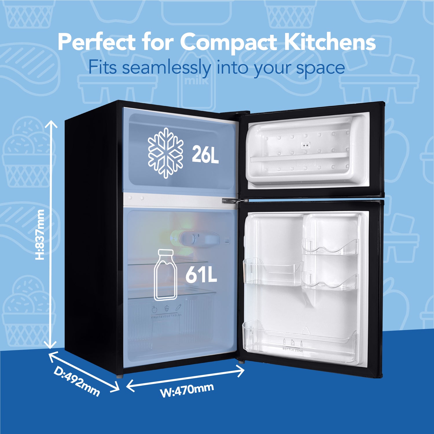 Under Counter Fridge Freezer, 87 Litre, Black