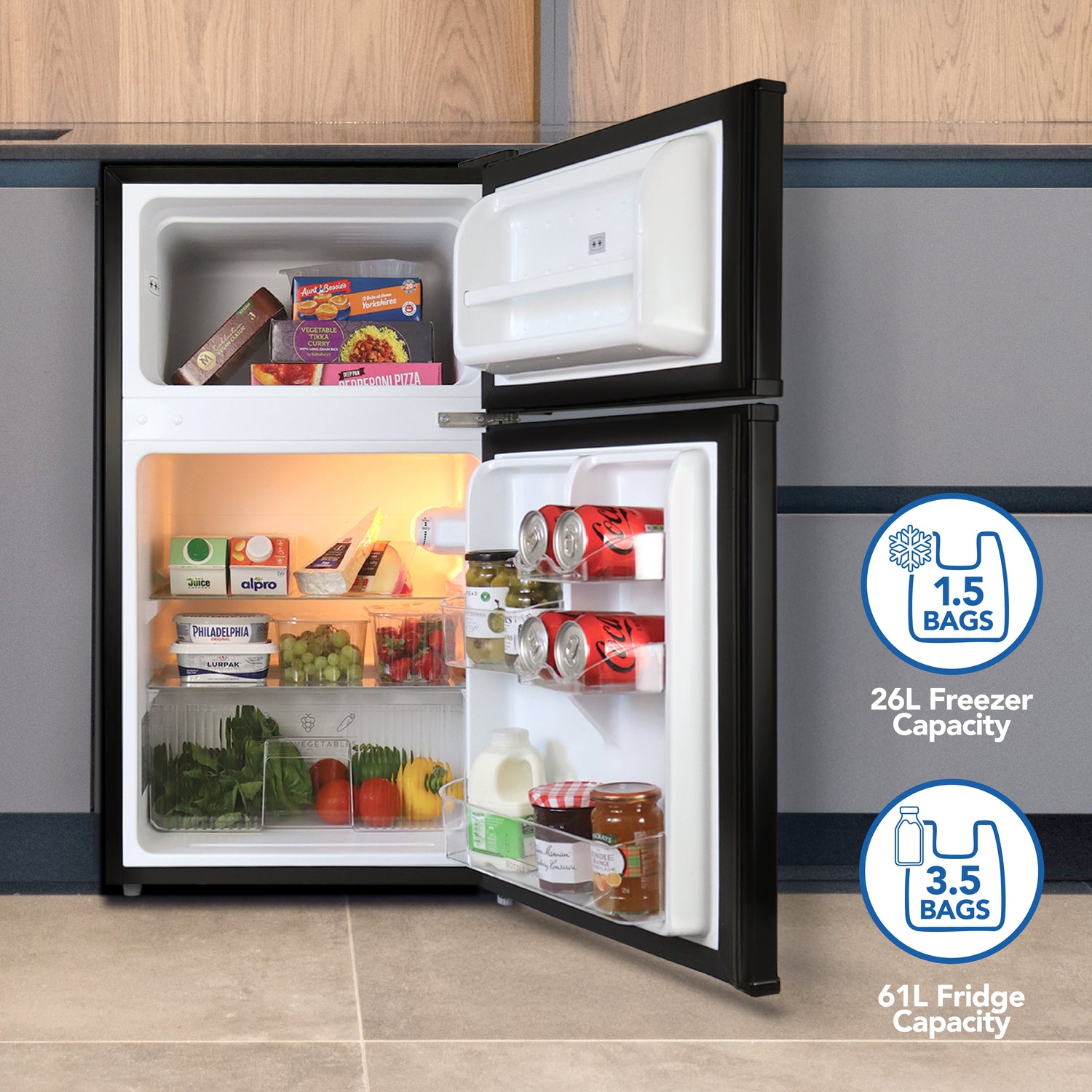 Under Counter Fridge Freezer, 87 Litre, Black