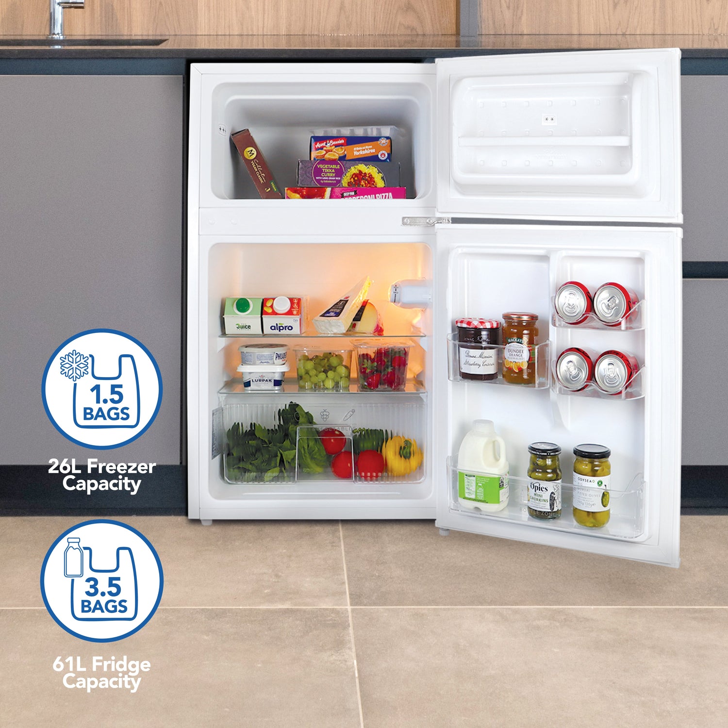 Under Counter Fridge Freezer, 87 Litre, White