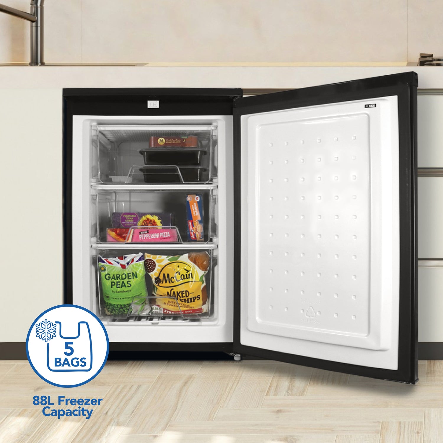 Under Counter Freezer, 88 Litre, Reversible Doors, Black
