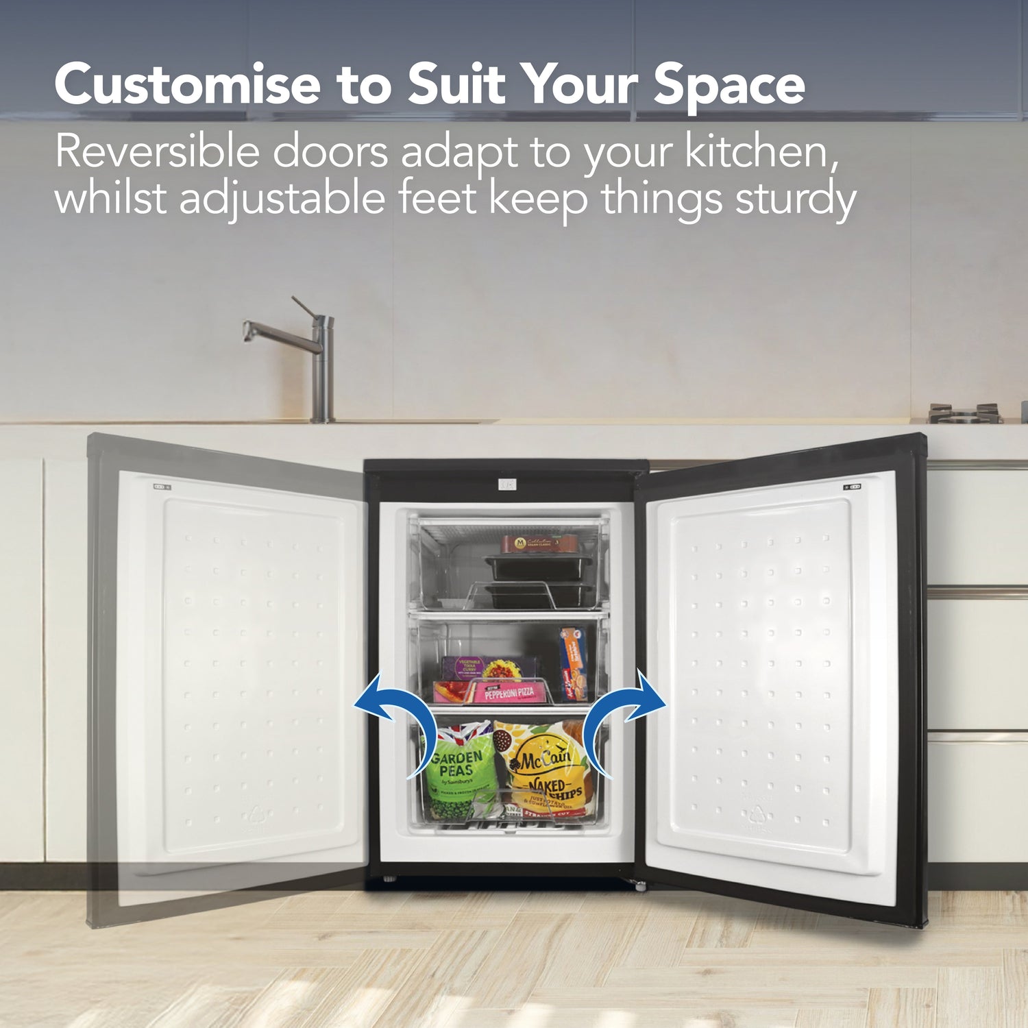 Under Counter Freezer, 88 Litre, Reversible Doors, Black