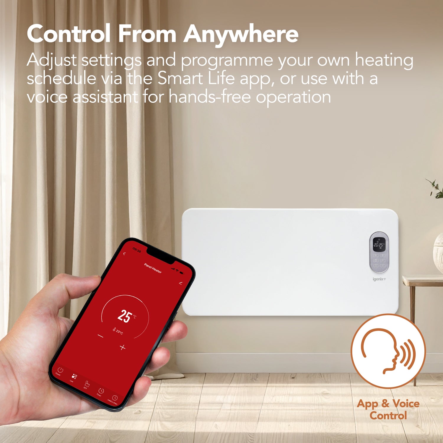 Smart Electric Panel Heater, 1500W, White