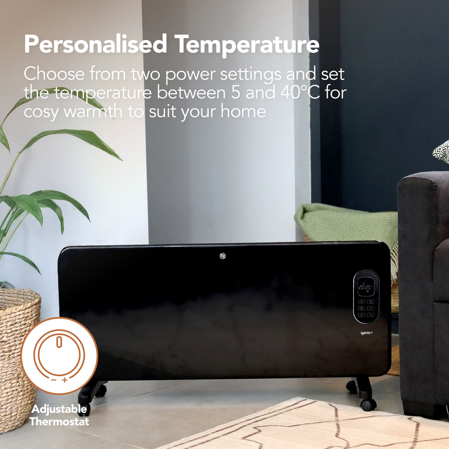 Smart Electric Panel Heater, 2000W, Black