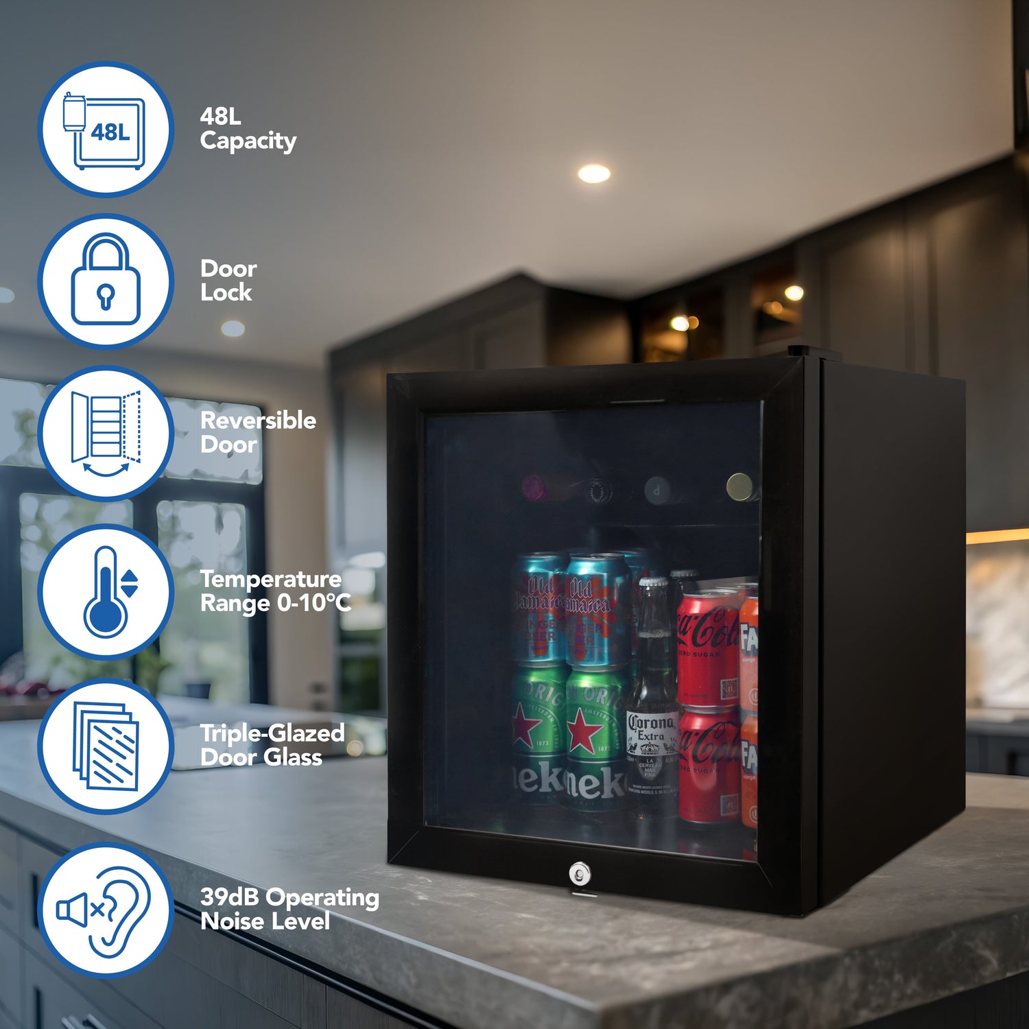 Tabletop Drinks Fridge, 48 Litre, Black