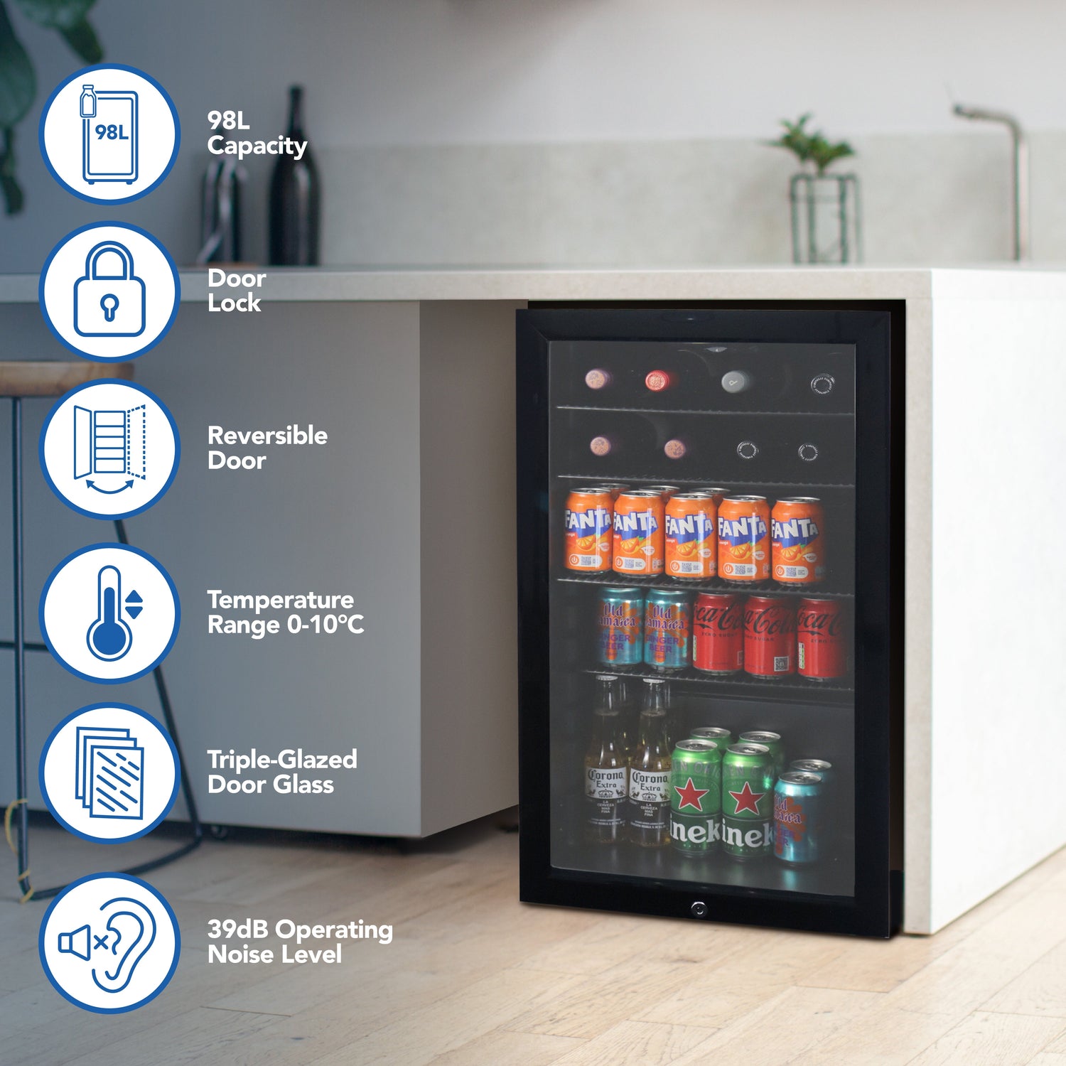 Under Counter Drinks Fridge, 98 Litre, Black