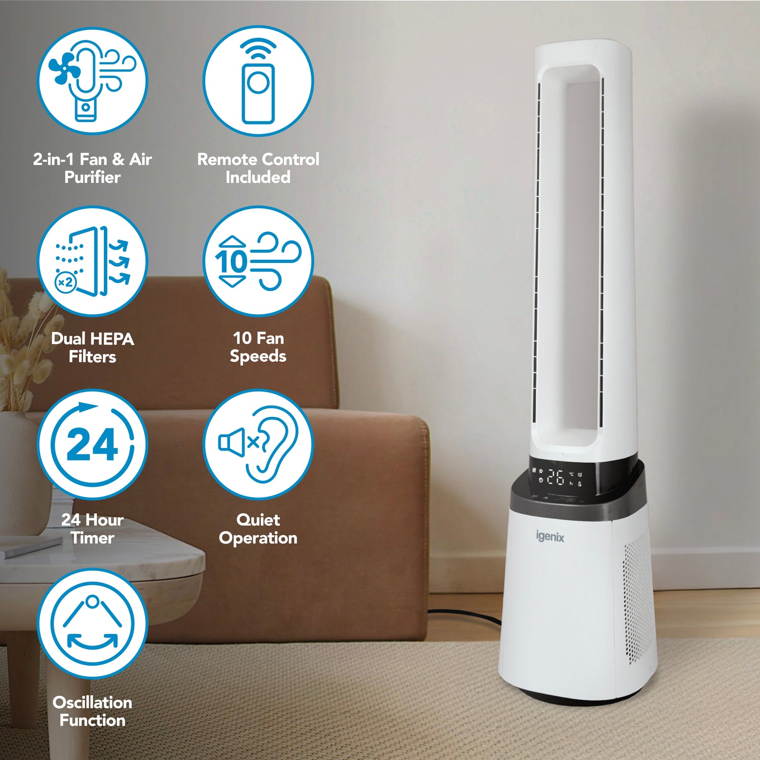 41 Inch Bladeless Tower Fan with Air Purifier, 2-in-1 Cooling Tower Fan, IGFD02549W