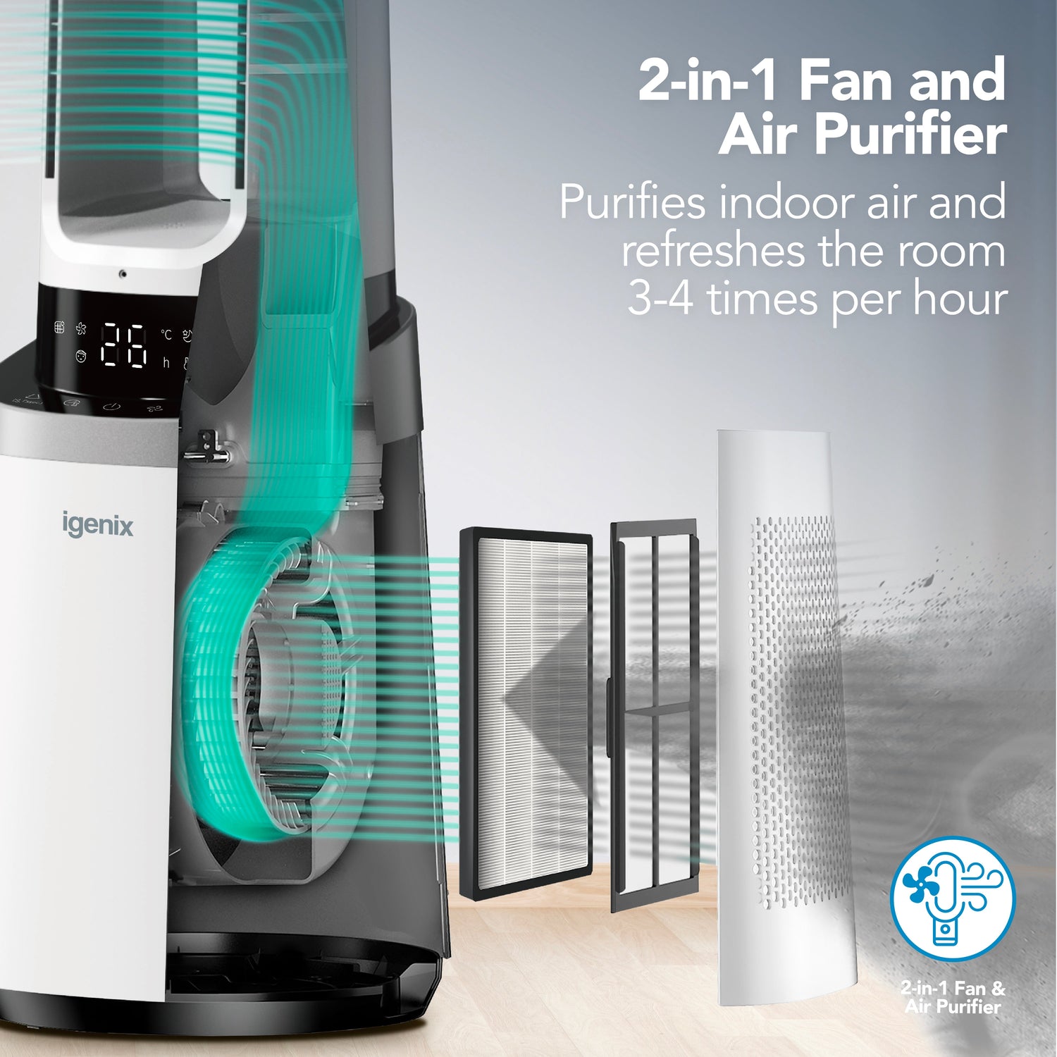 41 Inch Bladeless Tower Fan with Air Purifier, 2-in-1 Cooling Tower Fan, IGFD02549W