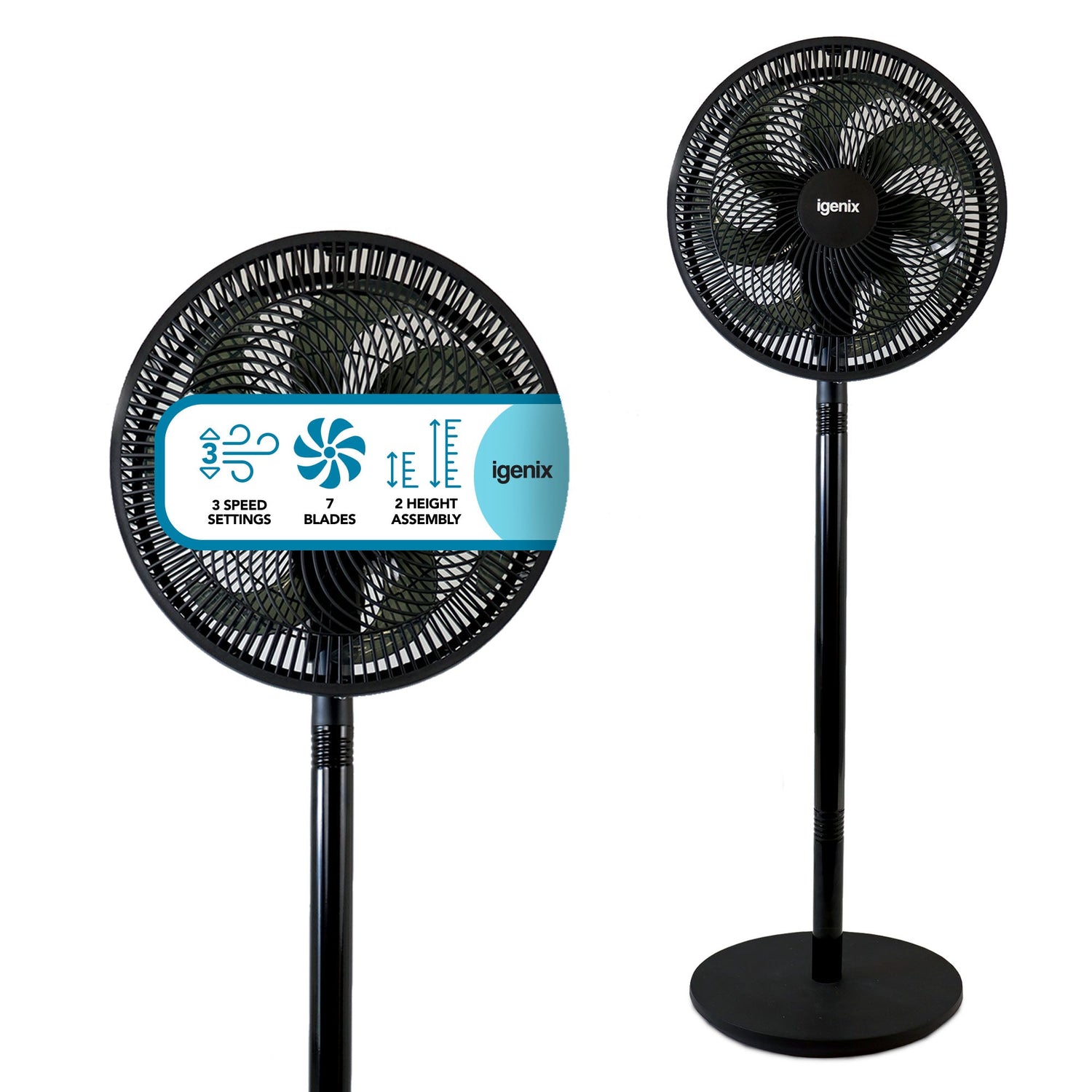 12 Inch Pedestal Fan, 7 Blades, 3 Speeds, Black