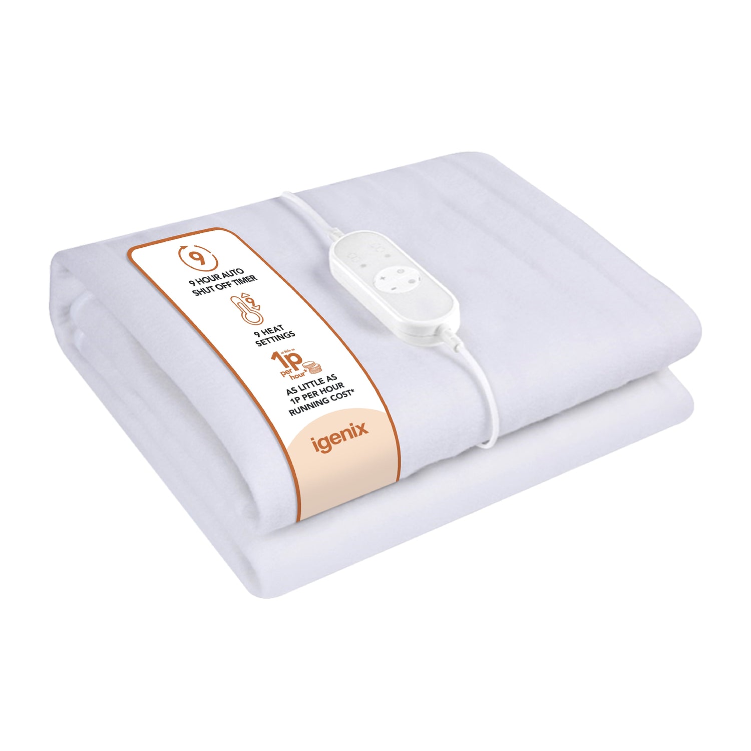Igenix Digital Heated Underblanket, Polyester, 1-9hr Timer, Machine Washable, White