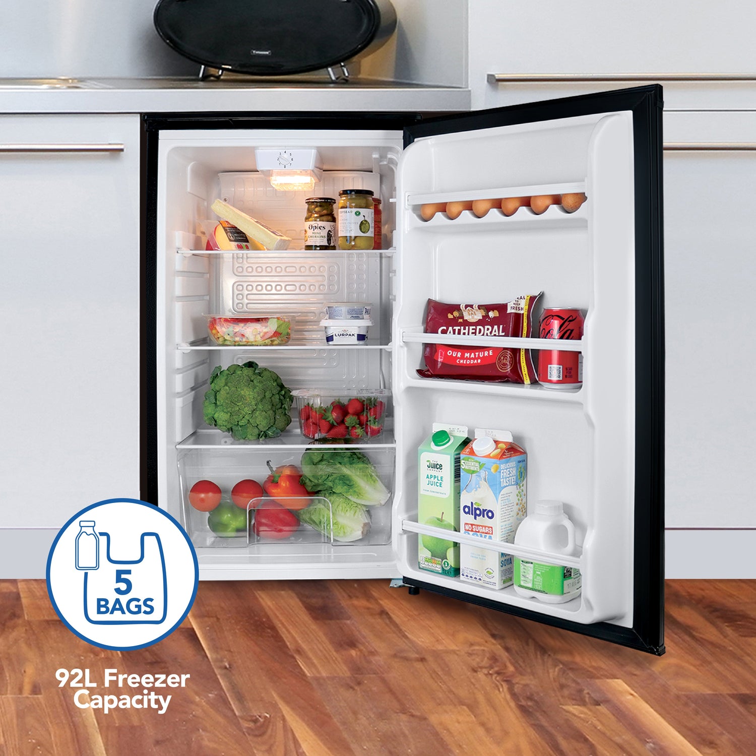 Under Counter Larder Fridge, 92 Litre, Reversible Door, Black