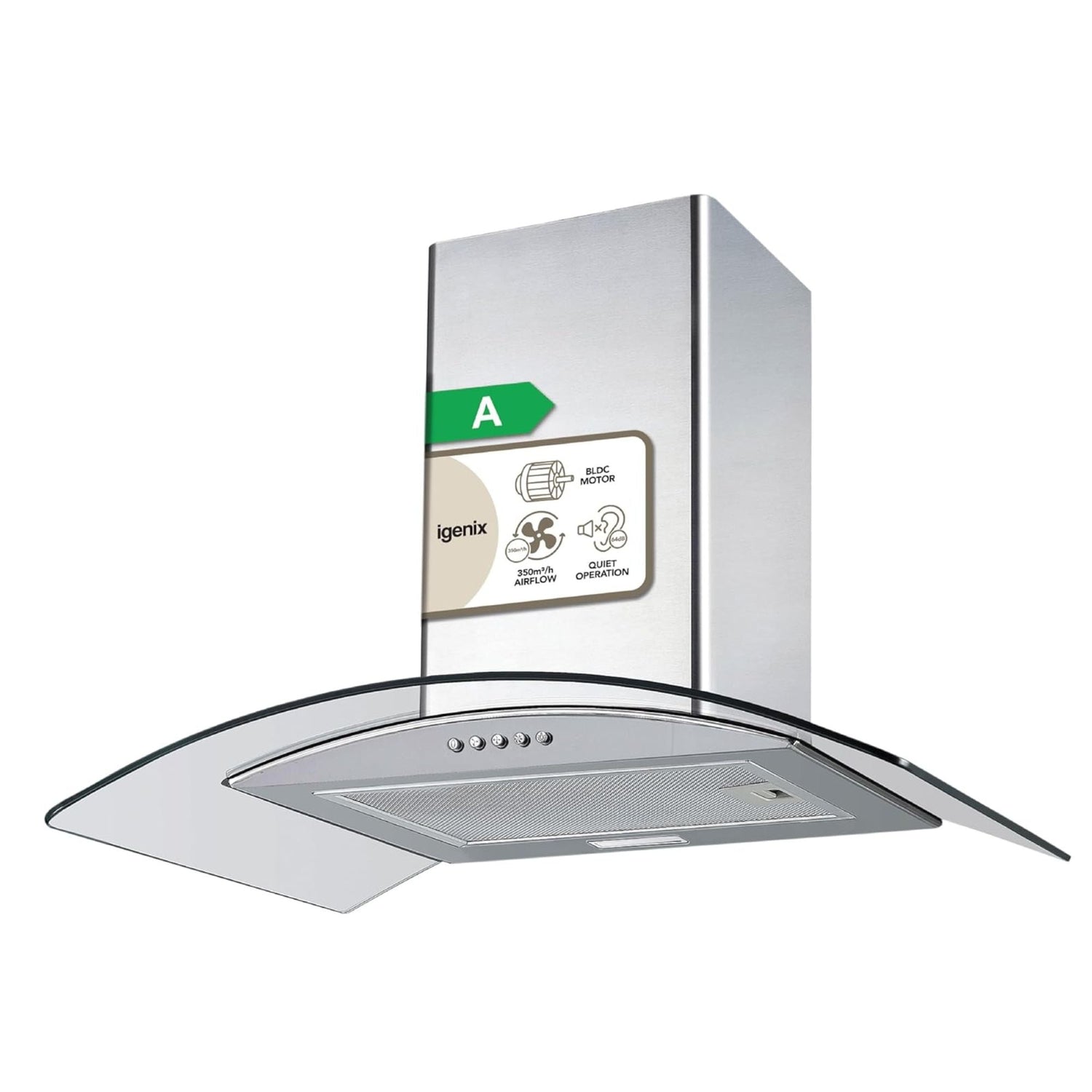 Igenix 60CM Curved Glass Chimney Cooker Hood, Stainless Steel